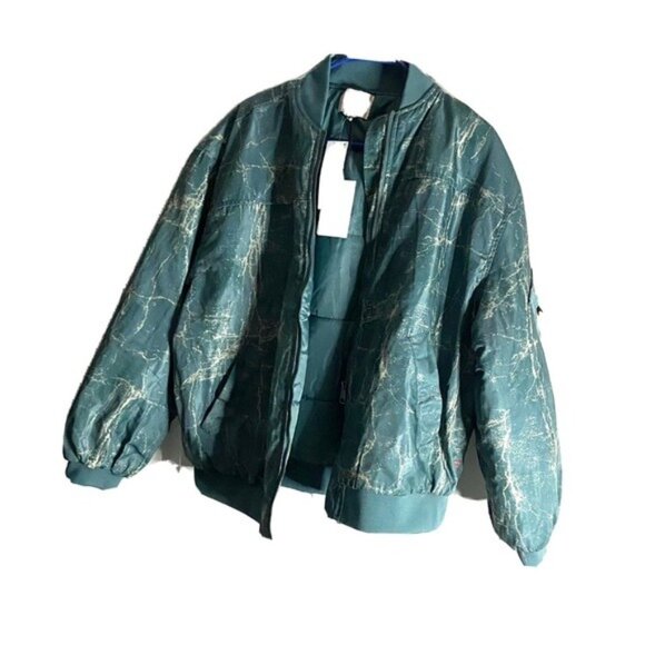 BDG Light Green Marble Print Puffer Bomber Jacket Size S - Picture 1 of 16